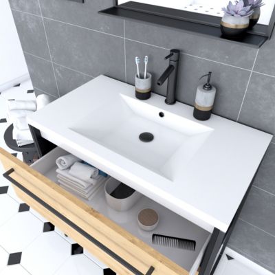 Meuble Salle de Bains 80cm Tiroirs Finition Chêne et Noir - Vasque Blanche - miroir - STRUCTURA