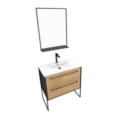 Meuble Salle de Bains 80cm Tiroirs Finition Chêne et Noir - Vasque Blanche - miroir - STRUCTURA