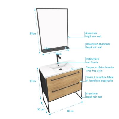 Meuble Salle de Bains 80cm Tiroirs Finition Chêne et Noir - Vasque Blanche - miroir - STRUCTURA