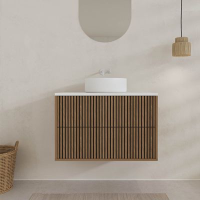 Meuble Salle de Bains YUKI 80 2 Tiroirs Décor Chêne et Noir Cranté - Plan et Vasque Blanche Mate