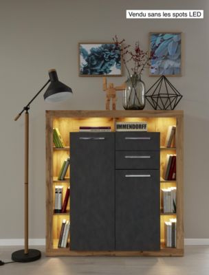 Meuble salon/séjour. Buffet en mélaminé gris et bois. L-H-P : 121 - 128 - 40 cm