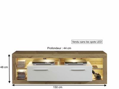 Meuble salon/séjour. Meuble TV en mélaminé blanc brillant et bois. L-H-P : 150 - 48 - 44 cm