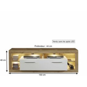 Meuble salon/séjour. Meuble TV en mélaminé blanc brillant et bois. L-H-P : 150 - 48 - 44 cm