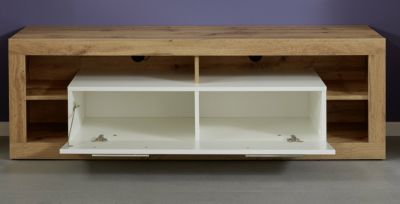 Meuble salon/séjour. Meuble TV en mélaminé blanc brillant et bois. L-H-P : 150 - 48 - 44 cm