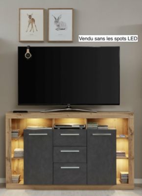 Meuble salon/séjour. Meuble TV en mélaminé gris et bois. L-H-P : 150 - 90 - 40 cm