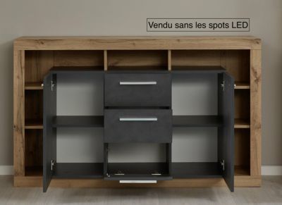 Meuble salon/séjour. Meuble TV en mélaminé gris et bois. L-H-P : 150 - 90 - 40 cm