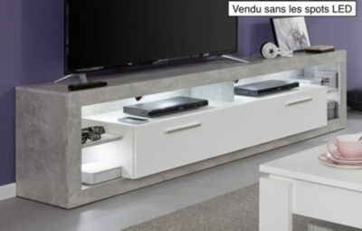Meuble salon/séjour. Meuble TV XL en mélaminé blanc brillant et gris. L-H-P : 200 - 48 - 44 cm
