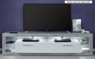 Meuble salon/séjour. Meuble TV XL en mélaminé blanc brillant et gris. L-H-P : 200 - 48 - 44 cm