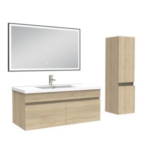 Meuble simple vasque 100cm avec colonne et miroir lumineux chêne wotan