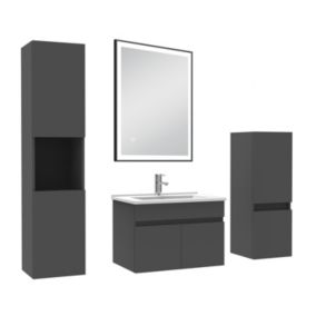 Meuble simple vasque 60cm avec colonne et miroir lumineux 3 couleurs et dimmable anthracite