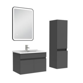 Meuble simple vasque 60cm avec colonne + miroir lumineux anthracite