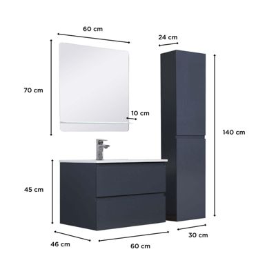 Meuble simple vasque 60cm avec vasque, miroir et colonne SORRENTO Gris