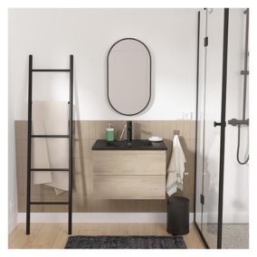 Meuble simple vasque 60cm SORRENTO Décor chêne+vasque noire+rob+miroir ovale