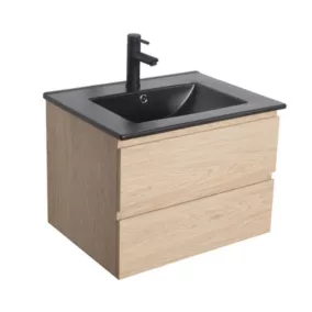Meuble simple vasque 60cm SORRENTO Décor chêne + vasque noire