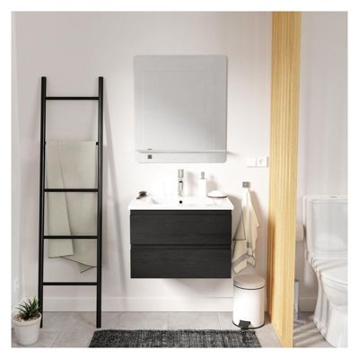 Meuble simple vasque 60cm SORRENTO Noir + vasque + robinet chromé + miroir