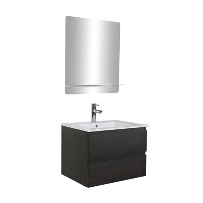 Meuble simple vasque 60cm SORRENTO Noir + vasque + robinet chromé + miroir