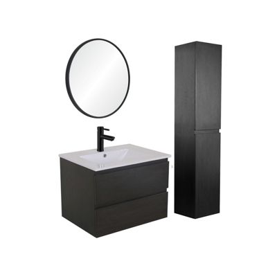 Meuble simple vasque 60cm SORRENTO Noir +vasque+robinet noir+miroir+colonne