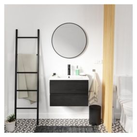 Meuble simple vasque 60cm SORRENTO Noir + vasque + robinet noir + miroir