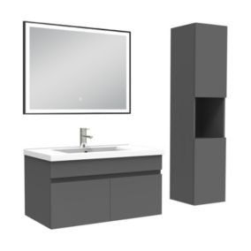 Meuble simple vasque 80cm avec colonne et miroir lumineux 3 couleurs anthracite