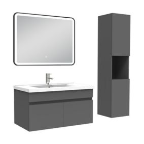 Meuble simple vasque 80cm avec colonne + miroir lumineux 3 couleurs anthracite