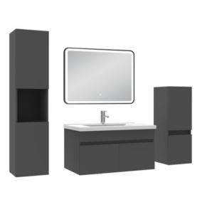 Meuble simple vasque 80cm avec colonne + miroir lumineux 3 couleurs + dimmable anthracite