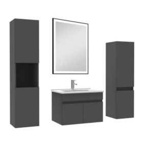 Meuble simple vasque anthracite 60cm avec colonne et miroir lumineux 3 couleurs et dimmable