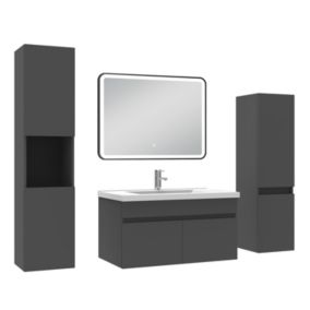 Meuble simple vasque anthracite 80cm avec colonne + miroir lumineux 3 couleurs + dimmable