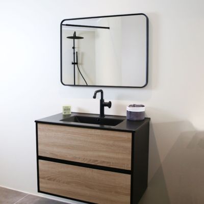 Meuble simple vasque effet chêne et noir mat Essebagno Indus