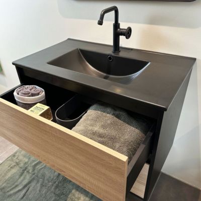 Meuble simple vasque effet chêne et noir mat Essebagno Indus