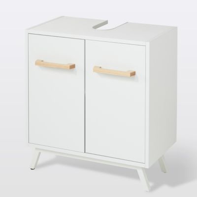 Meuble sous lavabo à poser L.60 x H.65 x P.36 cm, blanc avec poignées bois, GoodHome Ladoga