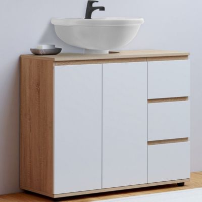 Meuble sous lavabo salle de bain TOMI avec placard et 3 tiroirs façon hêtre et blanc
