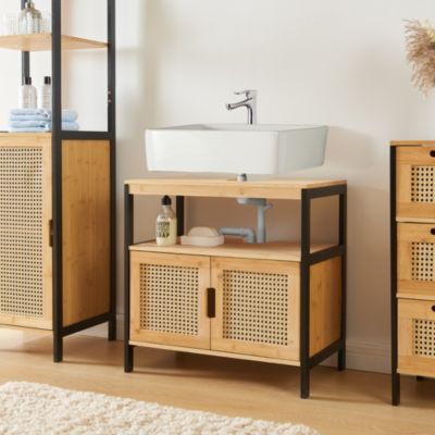 Meuble sous lavabo Tervola bambou 60 x 60 x 35 cm noir naturel aspect rotin en.casa