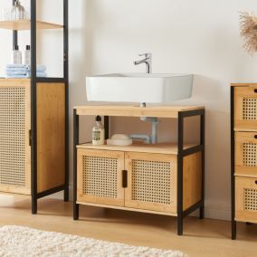 Meuble sous lavabo Tervola bambou 60 x 60 x 35 cm noir naturel aspect rotin en.casa