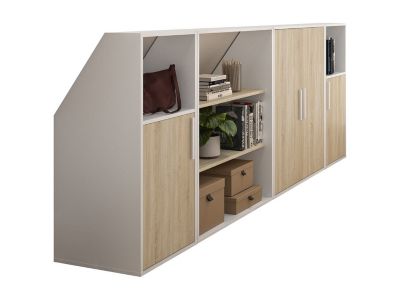 Meuble sous pente 4 portes, 2 étagères et 2 niches - Blanc et naturel - ADEZIO