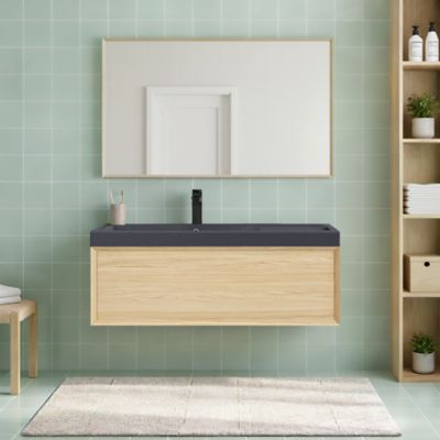 Meuble sous vasque 1 tiroir à suspendre GoodHome Avela placage chêne 100 cm + Plan vasque en résine noir Mila