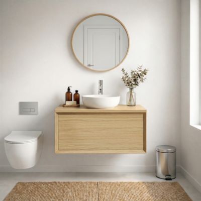 Meuble sous vasque 1 tiroir à suspendre GoodHome Avela placage chêne 60 cm + plan de toilette Avela