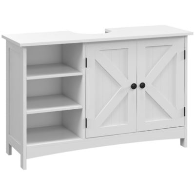 Meuble sous-vasque - 2 portes croisillon, étagère, 3 niches - poignées boutons métal noir - MDF blanc