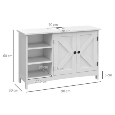 Meuble sous-vasque - 2 portes croisillon, étagère, 3 niches - poignées boutons métal noir - MDF blanc