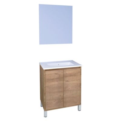 Meuble sous vasque 60 cm effet bois 2 portes avec plan vasque et miroir, Ondee Belis