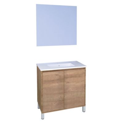 Meuble sous vasque 80 cm effet bois 2 portes avec plan vasque et miroir, Ondee Belis