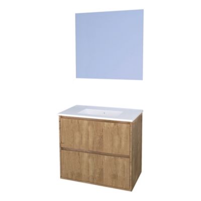 Meuble sous vasque 80 cm effet bois 2 tiroirs avec plan vasque et miroir, Ondee Belis