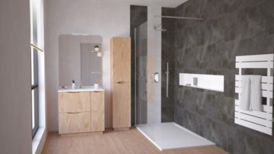 Meuble sous vasque 80 cm effet bois avec vasque et miroir LED, Ondee Palermo