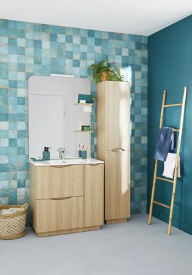 Meuble sous vasque 80 cm effet bois avec vasque et miroir LED, Ondee Palermo