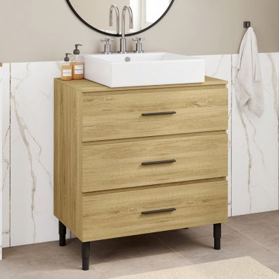 Meuble sous vasque 80 cm salle de bain 3 tiroirs façon hêtre et noir avec pieds télescopiques