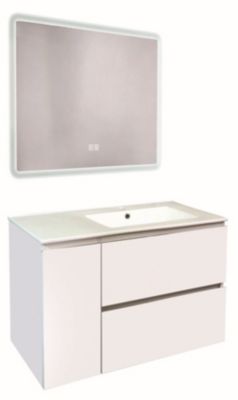 Meuble sous vasque 91,5 cm blanc mat avec plan vasque et miroir lumineux, Ondee Trendy