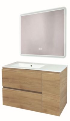 Meuble sous vasque 91,5 cm effet bois avec plan vasque blanc et miroir lumineux, Ondee Trendy