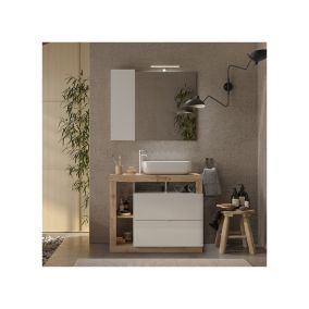 Meuble sous-vasque 92 cm Chêne naturel + vasque + miroir led - ISCHIA