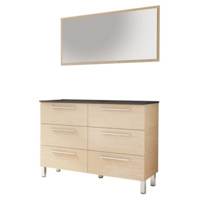 Meuble sous vasque à poser 120 cm effet chêne avec plan vasque noir et miroir, Ondee Pallas