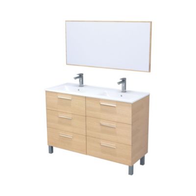 Meuble sous vasque à poser 120 cm effet chêne clair avec double vasque et miroir, Ondee Pallas