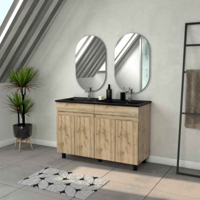 Meuble sous vasque à poser 120 cm effet chêne industriel avec plan double vasque noir et 2 miroirs, Galedo Timber